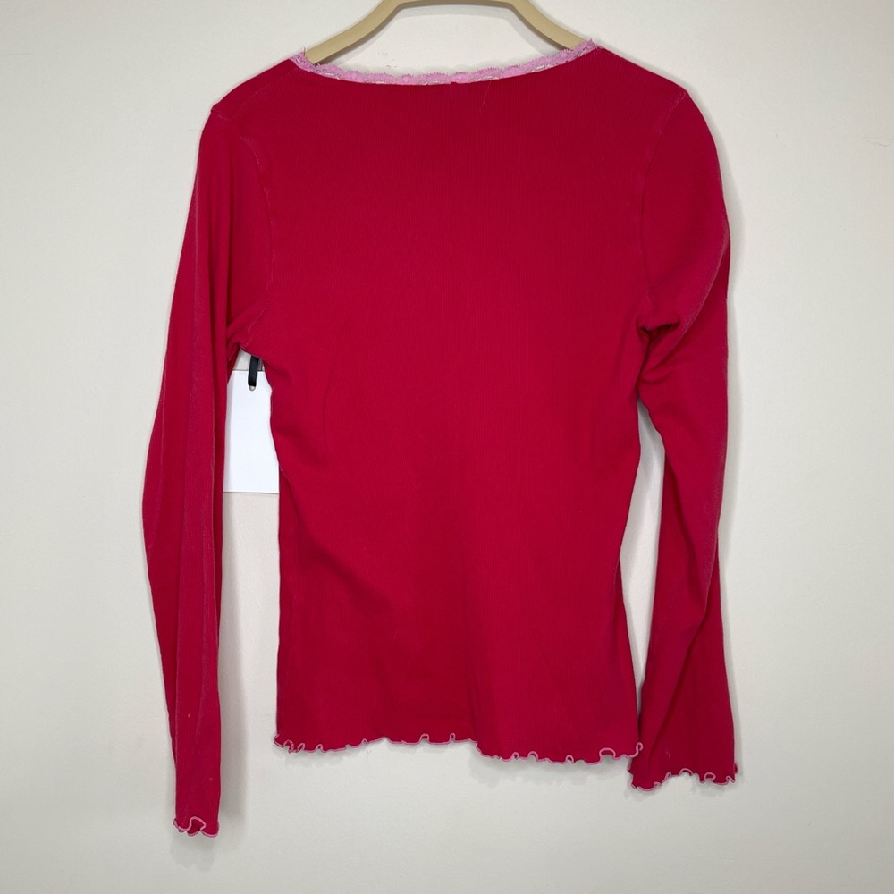 HUE Dreamy red wash Pink Lace Trim Ribbed baby tee Top long sleeve L - Picture 4 of 9